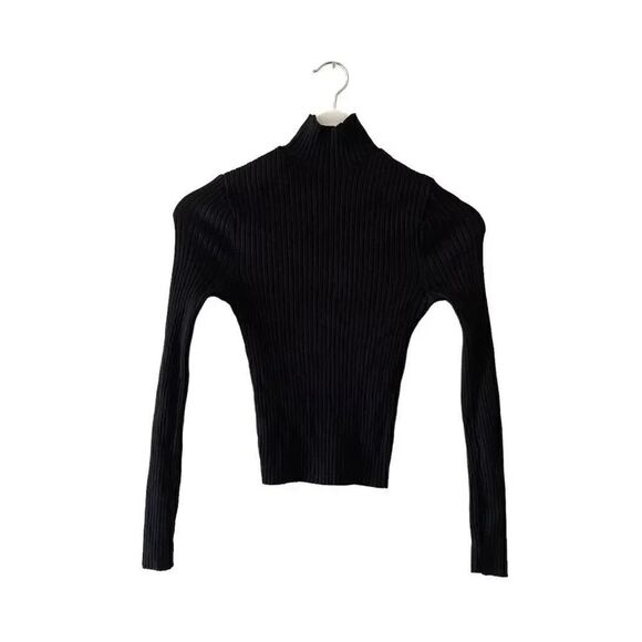 ZARA Black Viscose Mock Neck Knit Ribbed Cropped Long Sleeves Sweater SZ S #1672 - Picture 1 of 10
